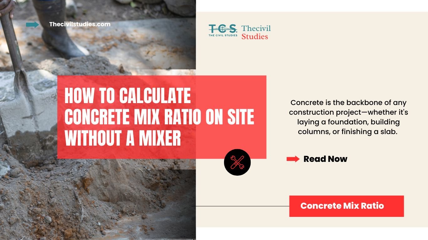 Concrete mix ratio used on-site for manual batching using cement, sand, and aggregate in standard proportions
