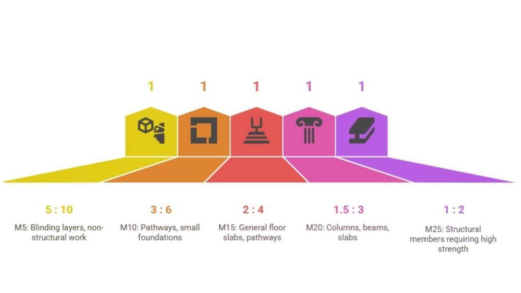 How to Calculate Concrete Mix Ratio on Site Without a Mixer 3 Different concrete mix ratios with their specific applications in construction such as M5, M10, M20, and M25