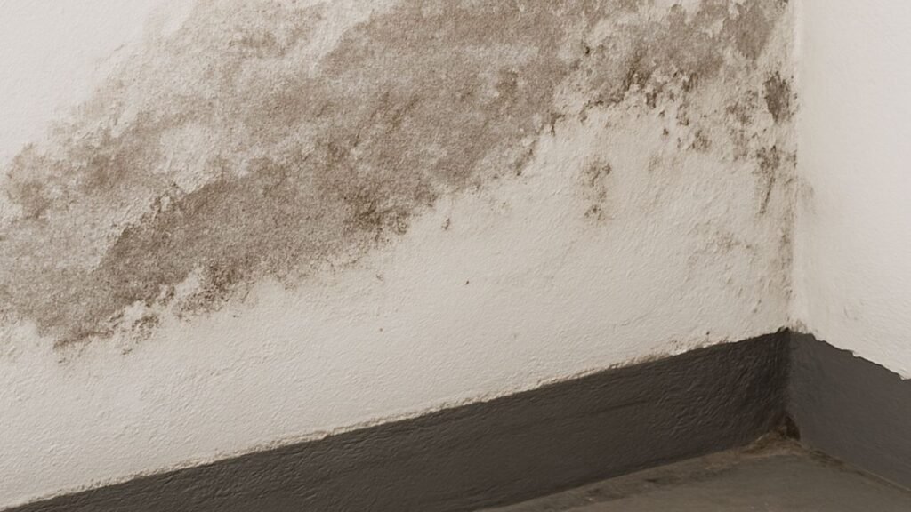 Damp patches and peeling paint on an interior wall corner in an Indian home due to poor damp proofing, -DPC, 