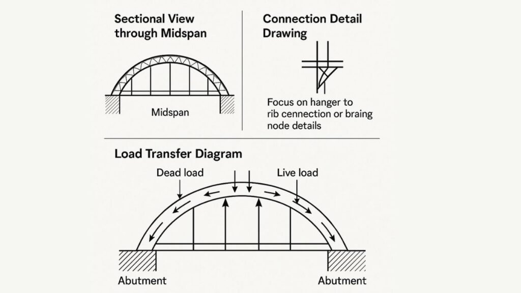 Elegant dual-rib arch bridge with visible hangers and bracing