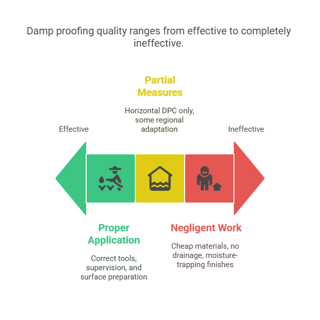 Damp proofing quality ranges from effective to completely ineffective.
