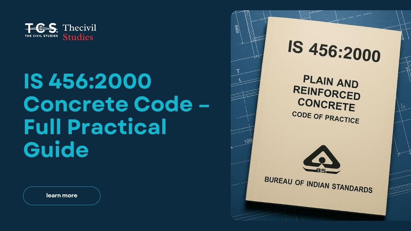 Construction tools, concrete mix, aggregates, water, steel reinforcement bars, and measuring tape arranged on site for concrete work as per IS 456:2000