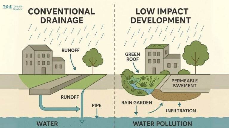 Visual comparison between Low Impact Development techniques like green roofs and rain gardens versus conventional urban drainage using pipes and sewers.