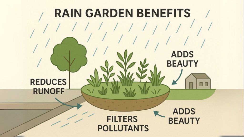Low Impact Development (LID): Sustainable Stormwater Management for a Greener Future 2 Diagram showing how rain gardens absorb stormwater, reduce runoff, and improve water quality in urban areas.