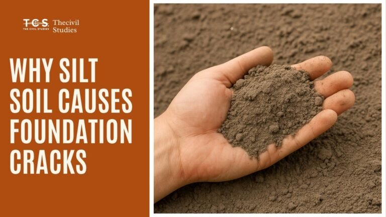 Why Silt Soil Causes Foundation Cracks 1 A human hand holding moist, fine-textured silt soil above a ground surface, showing soil texture and particle size.