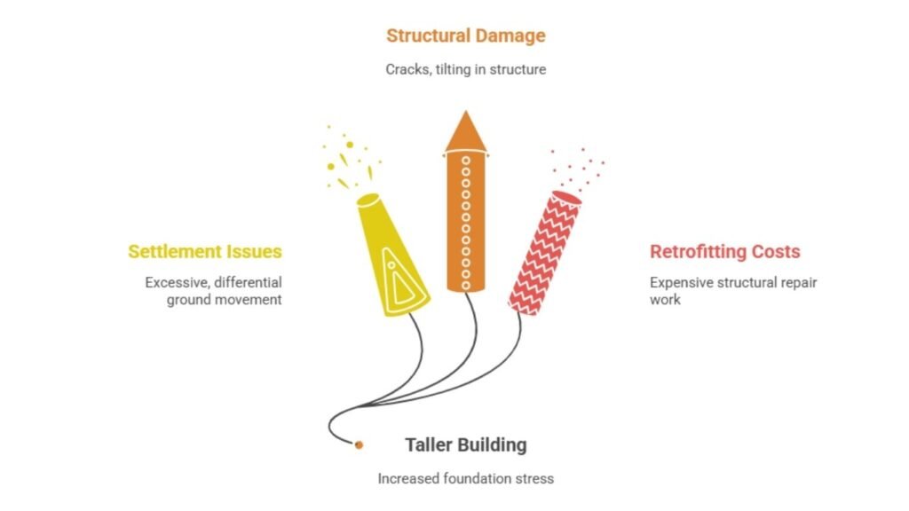 Pressure Bulb in Foundation Engineering, Concept Every Engineer Should Master 7 Diagram showing how building loads can cause soil settlement due to overlapping pressure bulbs and inadequate foundation design.