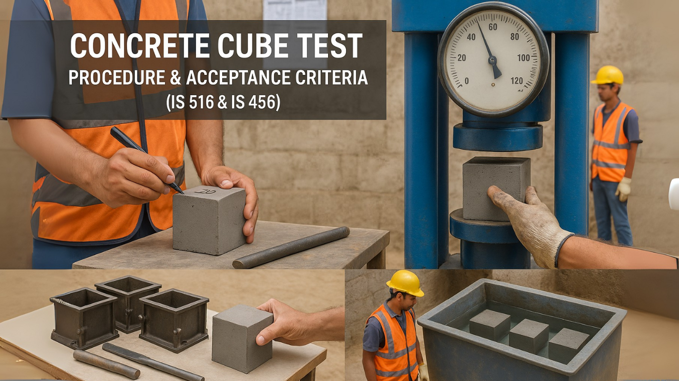 Engineer testing concrete cube for compressive strength using IS 516 method, showing moulds, tamping rod, compression machine, and curing tank setup at a site lab