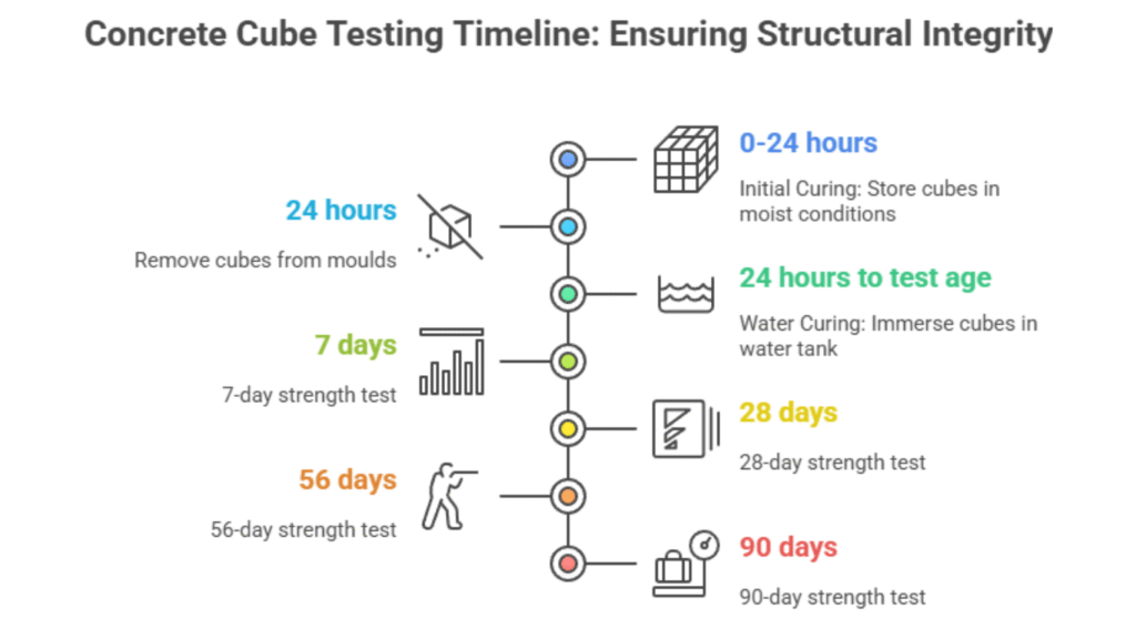 Concrete Cube Test – Complete Guide to Procedure, Frequency & Acceptance Criteria (IS 516 & IS 456:2000) 3 Step-by-step timeline of concrete cube testing showing casting, curing, and compressive strength checks as per IS 516 and IS 456 to ensure structural performance