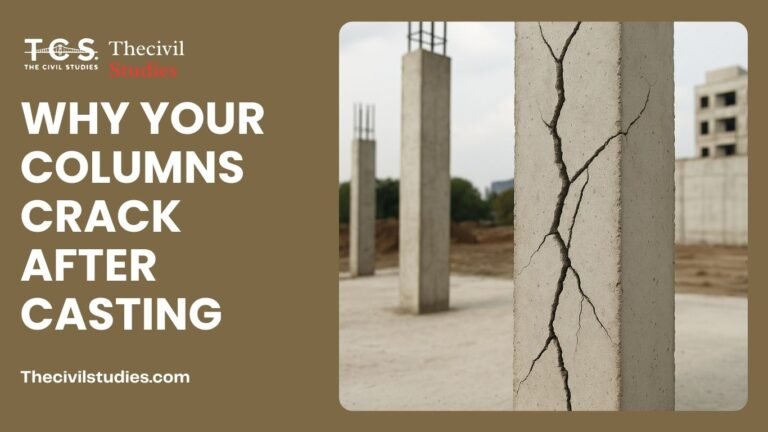 Why Your Columns Crack After Casting: Site Mistakes Explained 1 Image showing a close-up view of deep cracking in a freshly cast reinforced concrete column at a building site