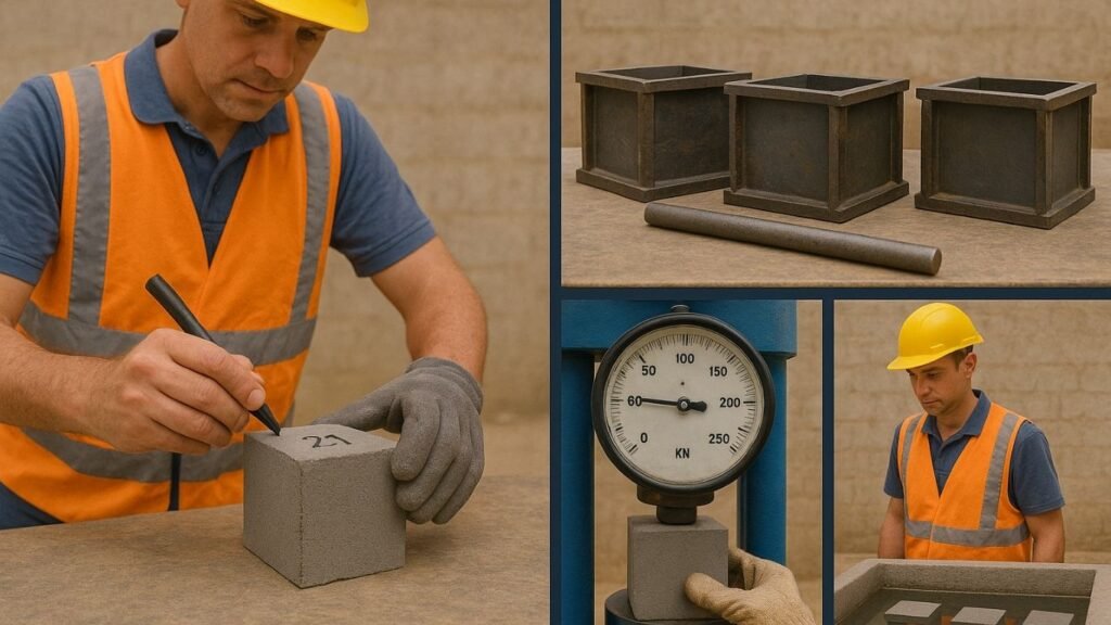 Concrete Cube Test – Complete Guide to Procedure, Frequency & Acceptance Criteria (IS 516 & IS 456:2000) 2 Concrete cube compressive strength testing in progress using calibrated machine with site engineer and moulds prepared as per IS 516:1959 and IS 456:2000.