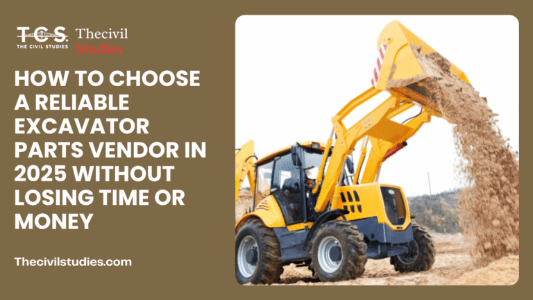 How to Choose a Reliable Excavator Parts Vendor in 2025 Without Losing Time or Money 1 A 2D digital illustration showing an excavator, checklists, and gear icons representing the key factors for selecting a reliable excavator parts vendor in 2025.
