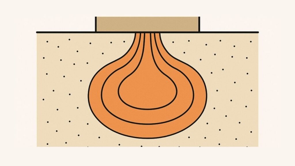 Pressure Bulb in Foundation Engineering, Concept Every Engineer Should Master 3 Illustration showing how stress distributes in soil beneath a footing using pressure bulb contours, highlighting zones of high and low stress.