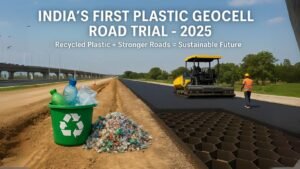 Road construction using recycled plastic geocells on India’s DND–Faridabad–KMP Expressway, with a roller machine and visible plastic waste near a recycling bin