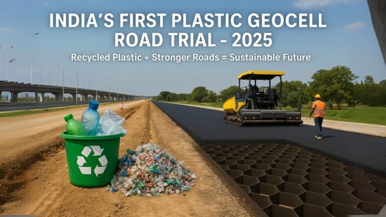 India's First Plastic Geocell Road Trial: A Green Shift 2025 1 Road construction using recycled plastic geocells on India’s DND–Faridabad–KMP Expressway, with a roller machine and visible plastic waste near a recycling bin