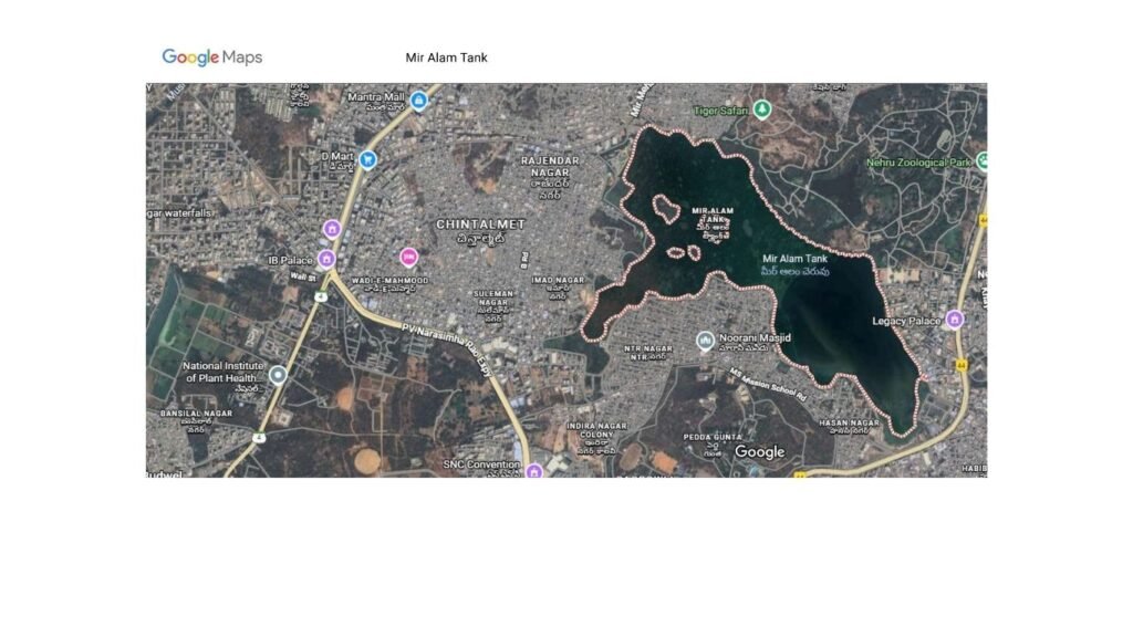 Mir Alam Tank Bridge Hyderabad – ₹430 Crore Road Project | EPC Design & Urban Impact 2025 2 Satellite image with overlaid bridge route across Mir Alam Tank, Hyderabad – proposed 2025 road project.