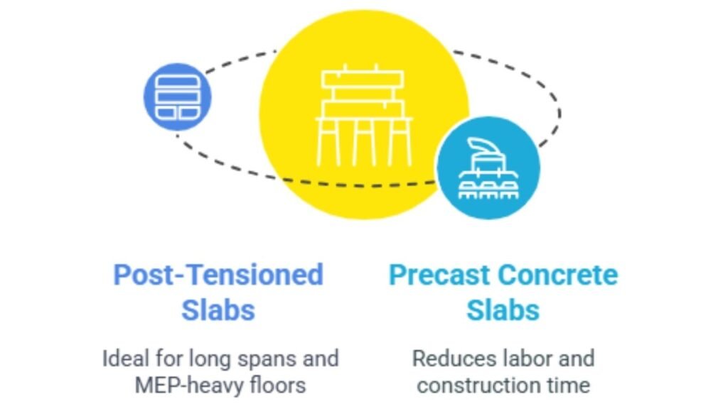 Construction site showing key on-site considerations for podium slab installation, including formwork, reinforcement, joints, and waterproofing.