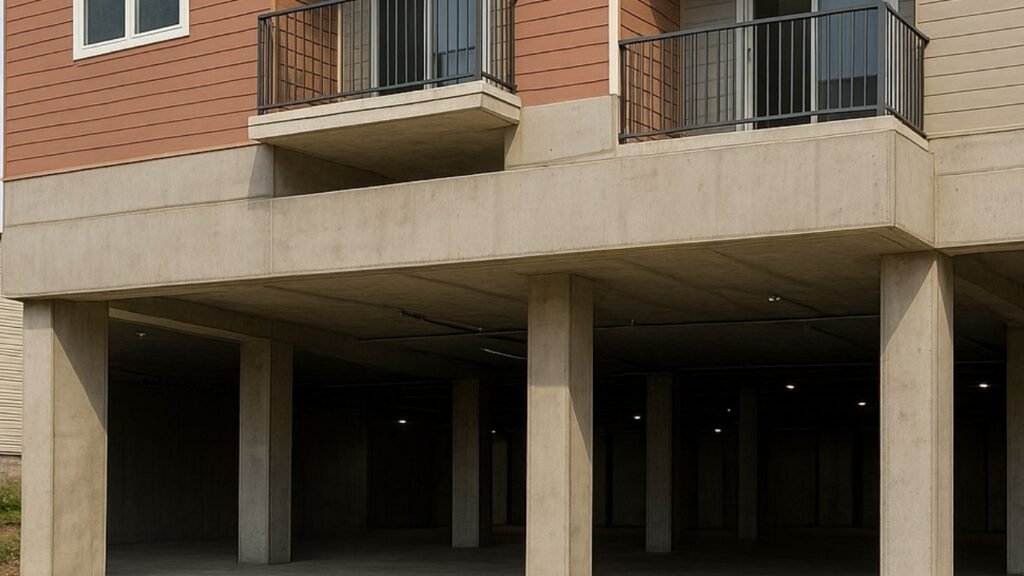 Multi-storey residential building with concrete podium slab and open parking below