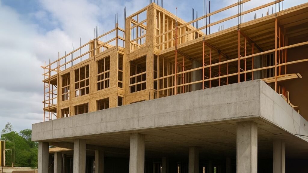 Podium slab under construction with timber-framed upper floors and open parking level below