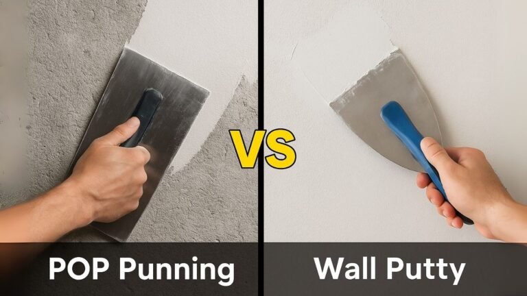 Comparison chart of wall putty and POP punning with features like durability, cost, finish, and application"